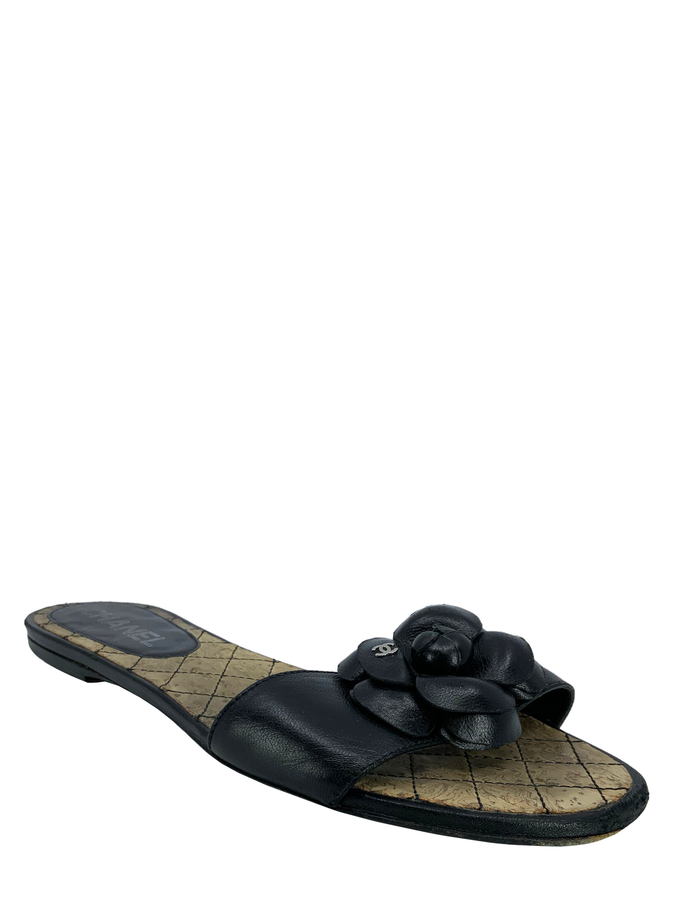 Chanel Leather Camellia Flower Flat Cork Sandals Size 7