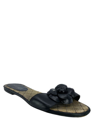 Chanel Leather Camellia Flower Flat Cork Sandals Size 7-Consigned Designs