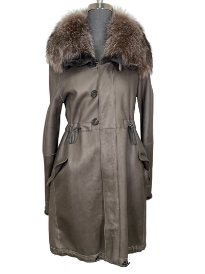 Brunello Cucinelli Leather Racoon Fur Parka Jacket with Racoon Fur Size M-Consigned Designs