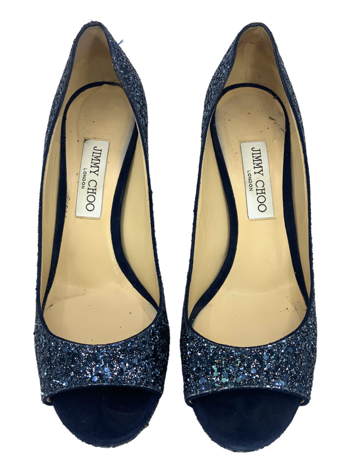 Jimmy★Choo(セールで夏のワンピにお似合い)Praise80/blue Jimmy Choo Glitter Fabric Platform Peep Toe Pumps Size 10