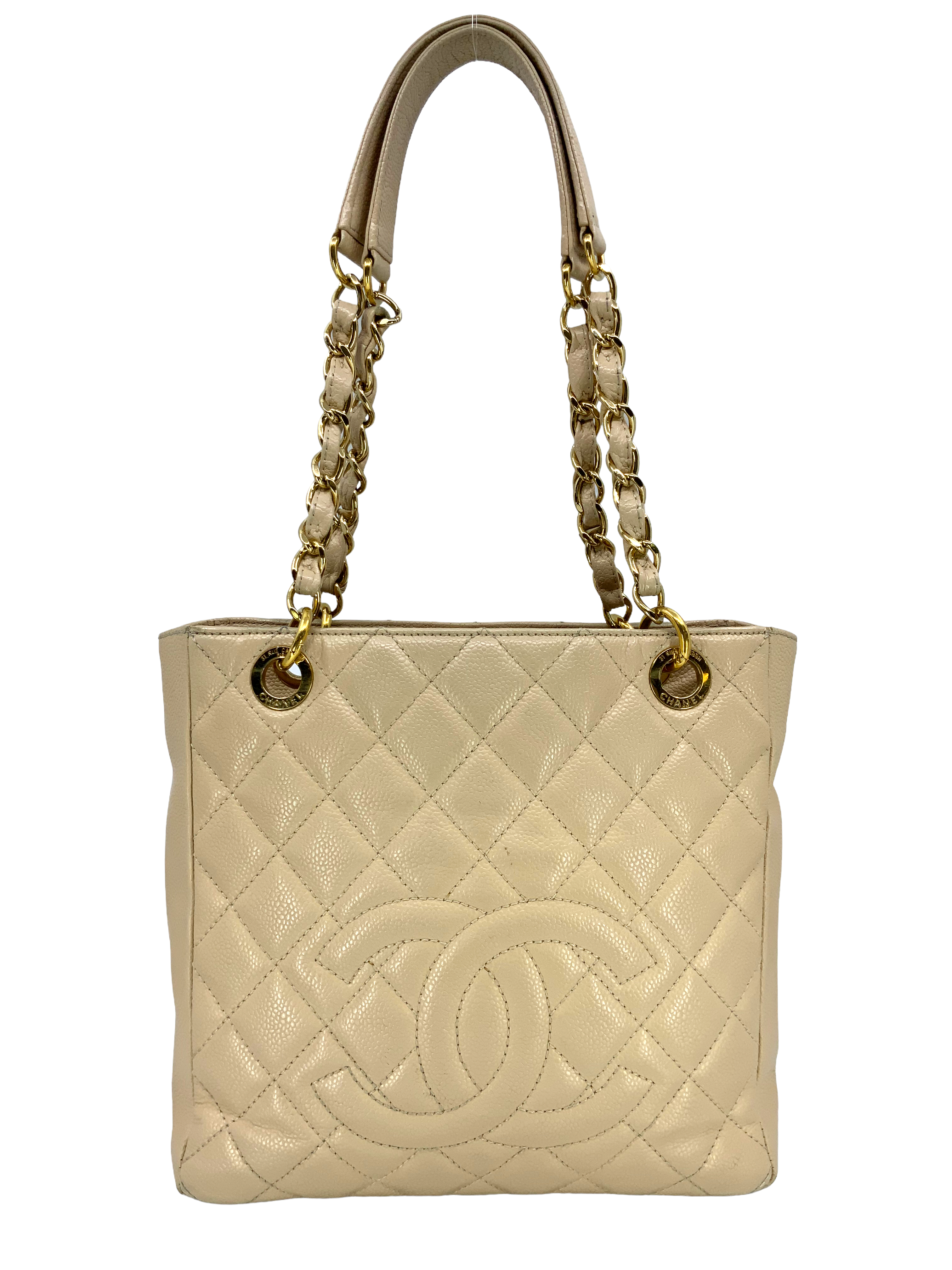 CHANEL PETITE SHOPPING TOTE BAG IN BEIGE CAVIAR LEATHER - Still in