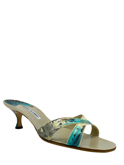 Manolo Blahnik Callamu Textured Lizard Slide Sandals Size 11-Consigned Designs