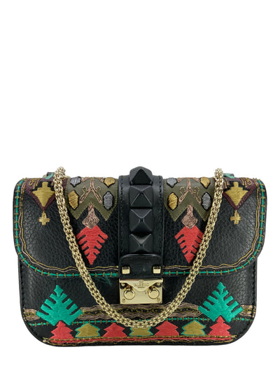 VALENTINO Glam Lock Embroidered Leather Small Flap Bag-Consigned Designs