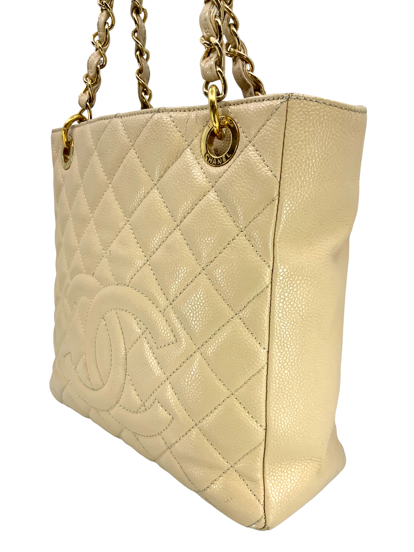 CHANEL PETITE SHOPPING TOTE BAG IN BEIGE CAVIAR LEATHER - Still in