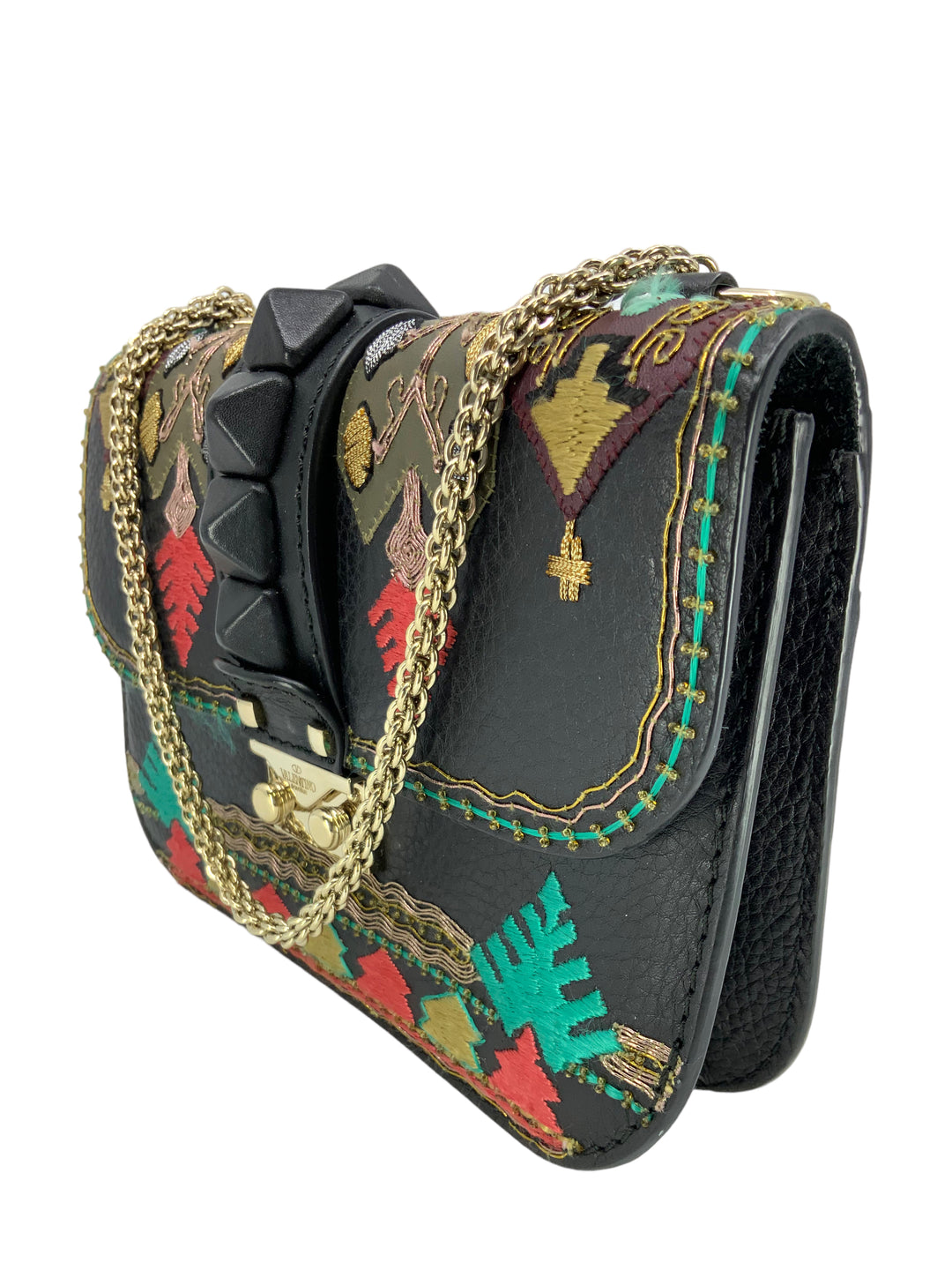 VALENTINO Glam Lock Embroidered Leather Small Flap Bag Consigned Designs