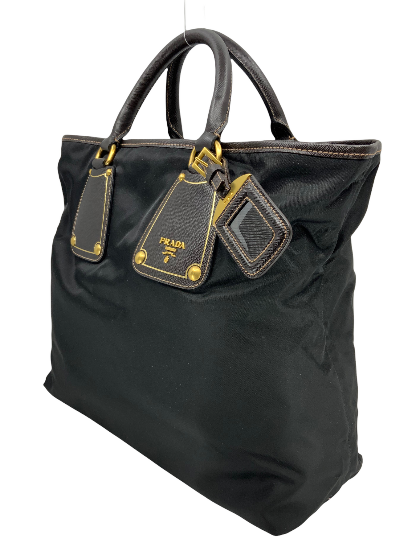 prada nylon tote bag with leather trim
