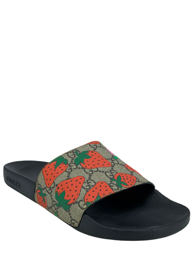 GUCCI GG Supreme Monogram Strawberry Slide Sandals Size 10-Consigned Designs