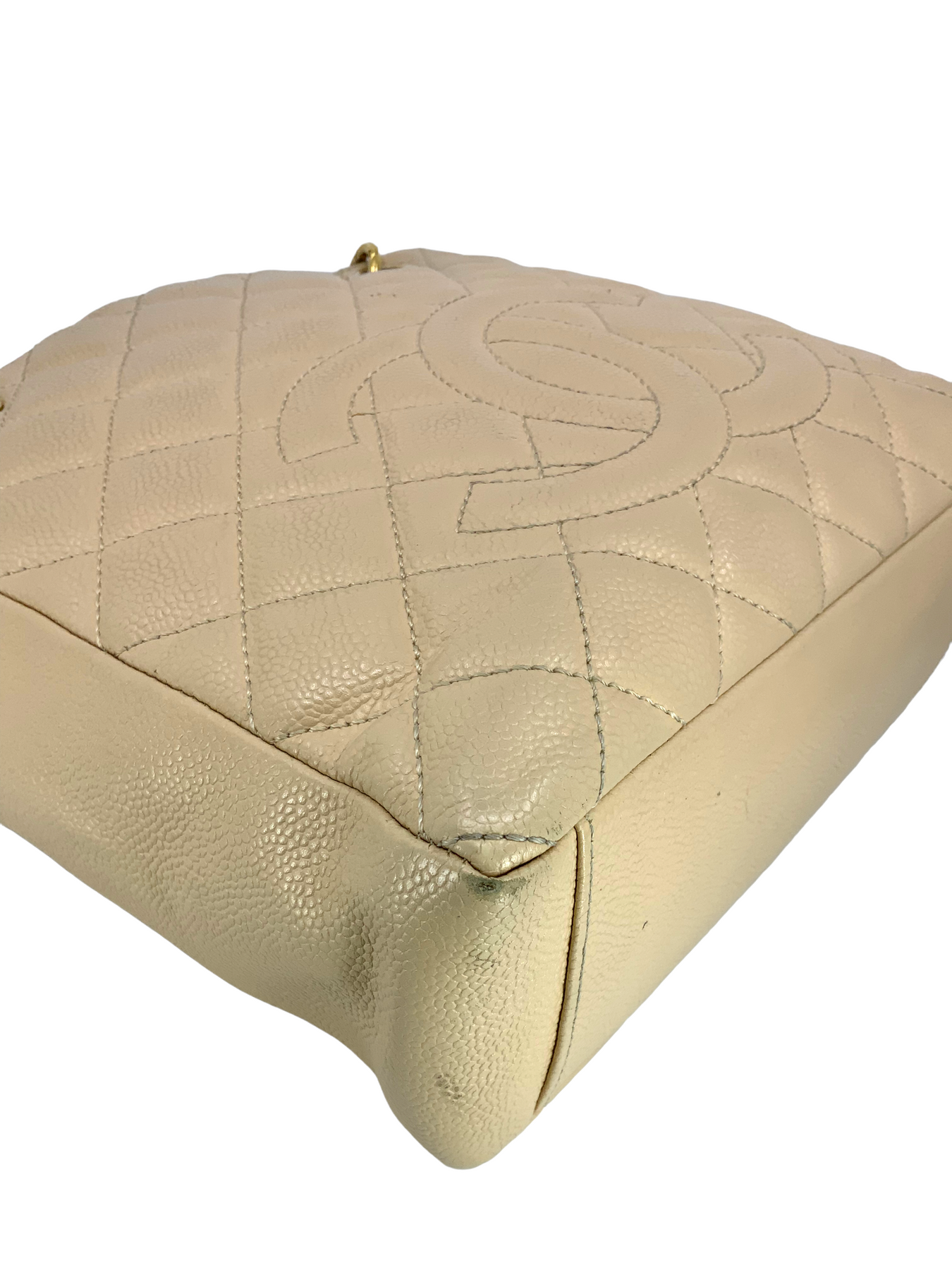 CHANEL Quilted Caviar CC Logo PST Shopper Bag Beige