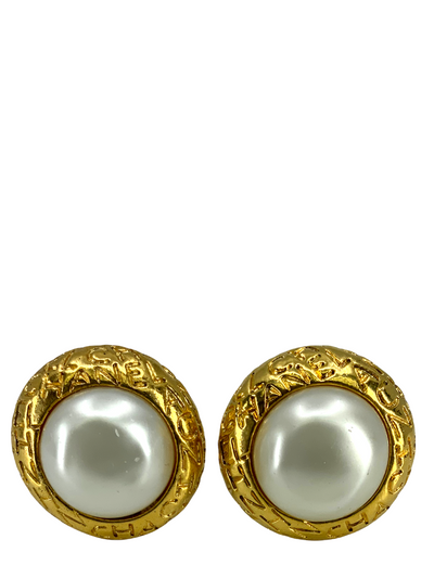 Chanel Vintage Gold Logo Pearl Clip-On Earrings-Consigned Designs