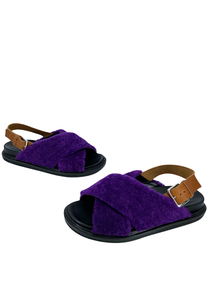 MARNI Fussbett Shearling-Trimmed Leather Sandals Size 8 MARNI Fussbett Shearling-Trimmed Leather Sandals Size 8