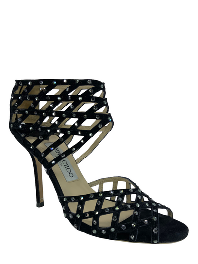 Jimmy Choo Evita Suede Strass Caged Sandals Size 6.5-Consigned Designs