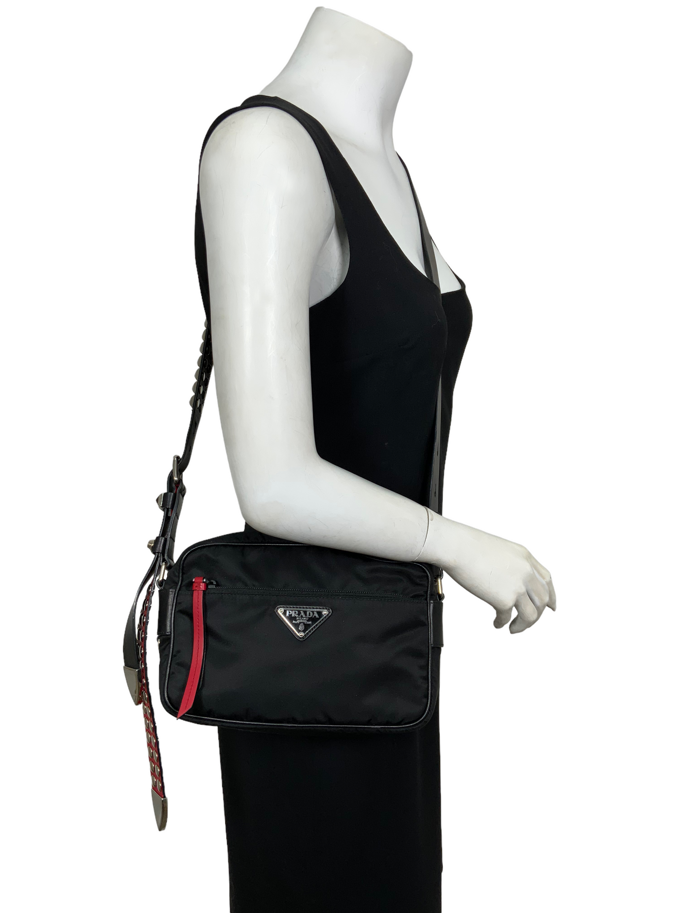 Prada - Black Nylon & Leather Studded Vela Crossbody Bag – Current Boutique