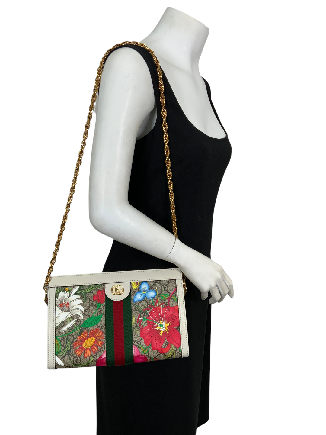 GUCCI GG Supreme Monogram Flora Web Small Ophidia Chain Shoulder