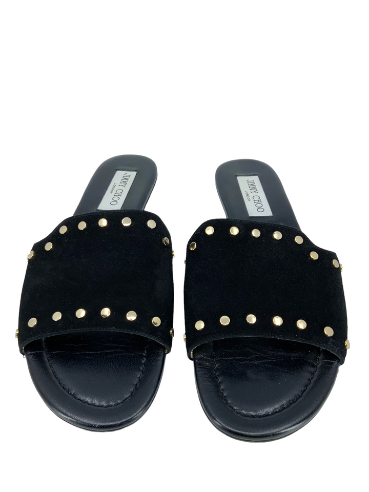 Jimmy★Choo(セールで衝撃価格)オシャレNanda/Natural Jimmy Choo Nanda Studded Suede Flat Slide Size 9.5