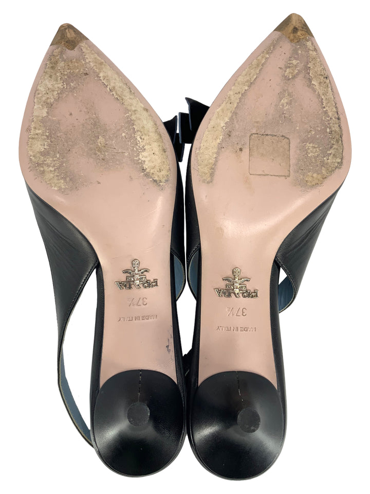 Prada Leather Logo Bow Kitten Heel Slingback Pumps Size
