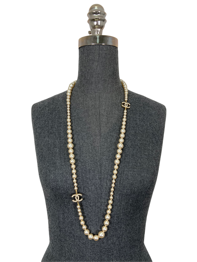 CHANEL Long Pearl Necklace three CCs 100th Anniversary necklace
