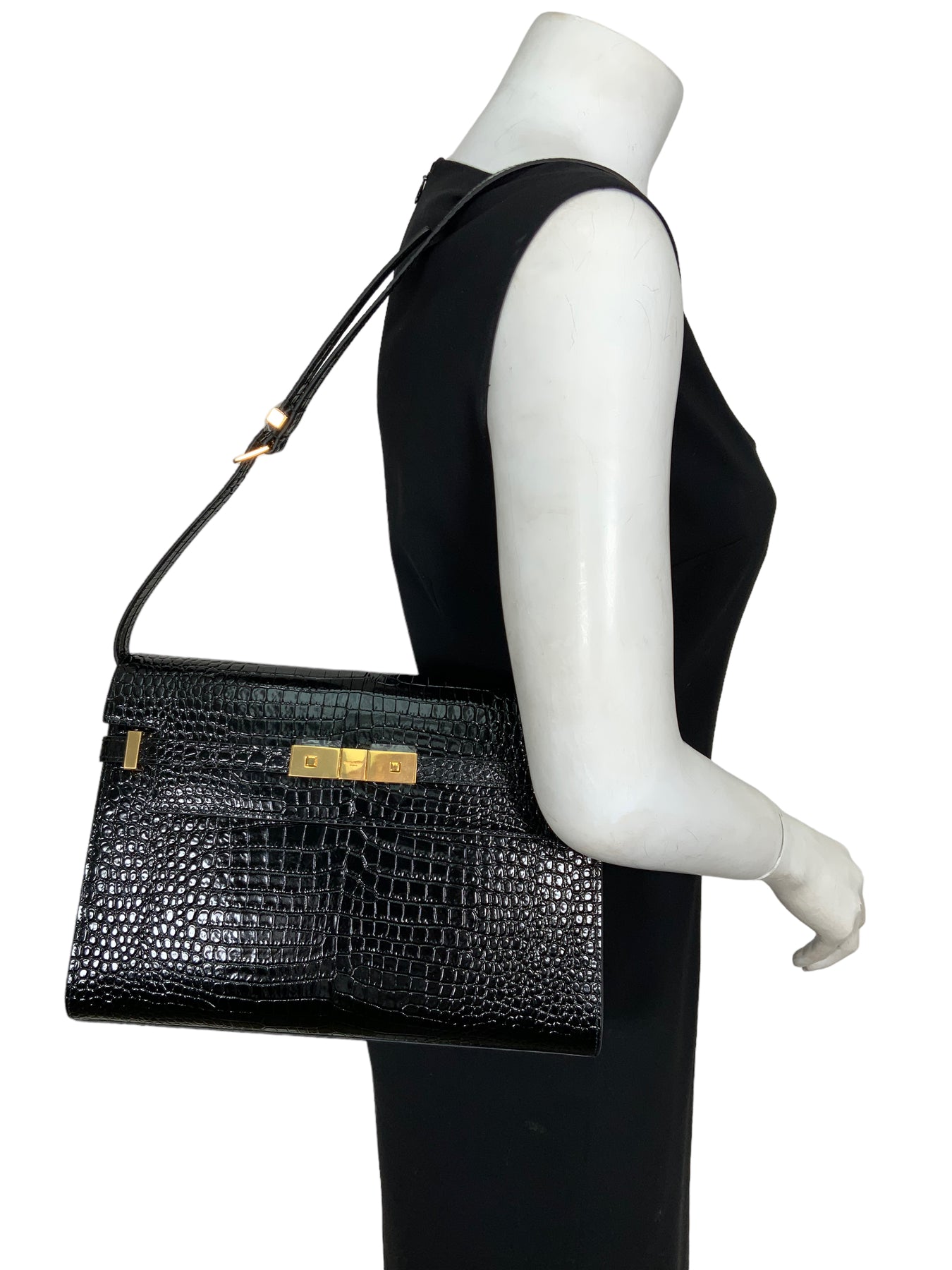 SAINT LAURENT Manhattan Croc-Effect Patent Leather Shoulder Bag NEW