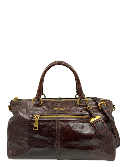 Prada Glazed Leather Front Zip Satchel-Consigned Designs