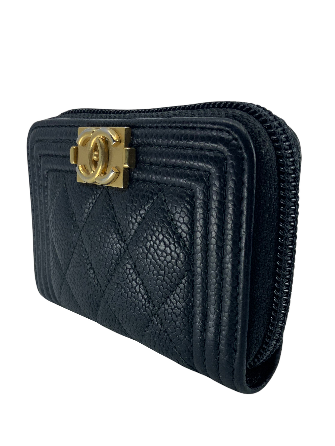 Chanel Boy Zip Around Coin Purse Wallet Quilted Caviar Gold-Tone Black