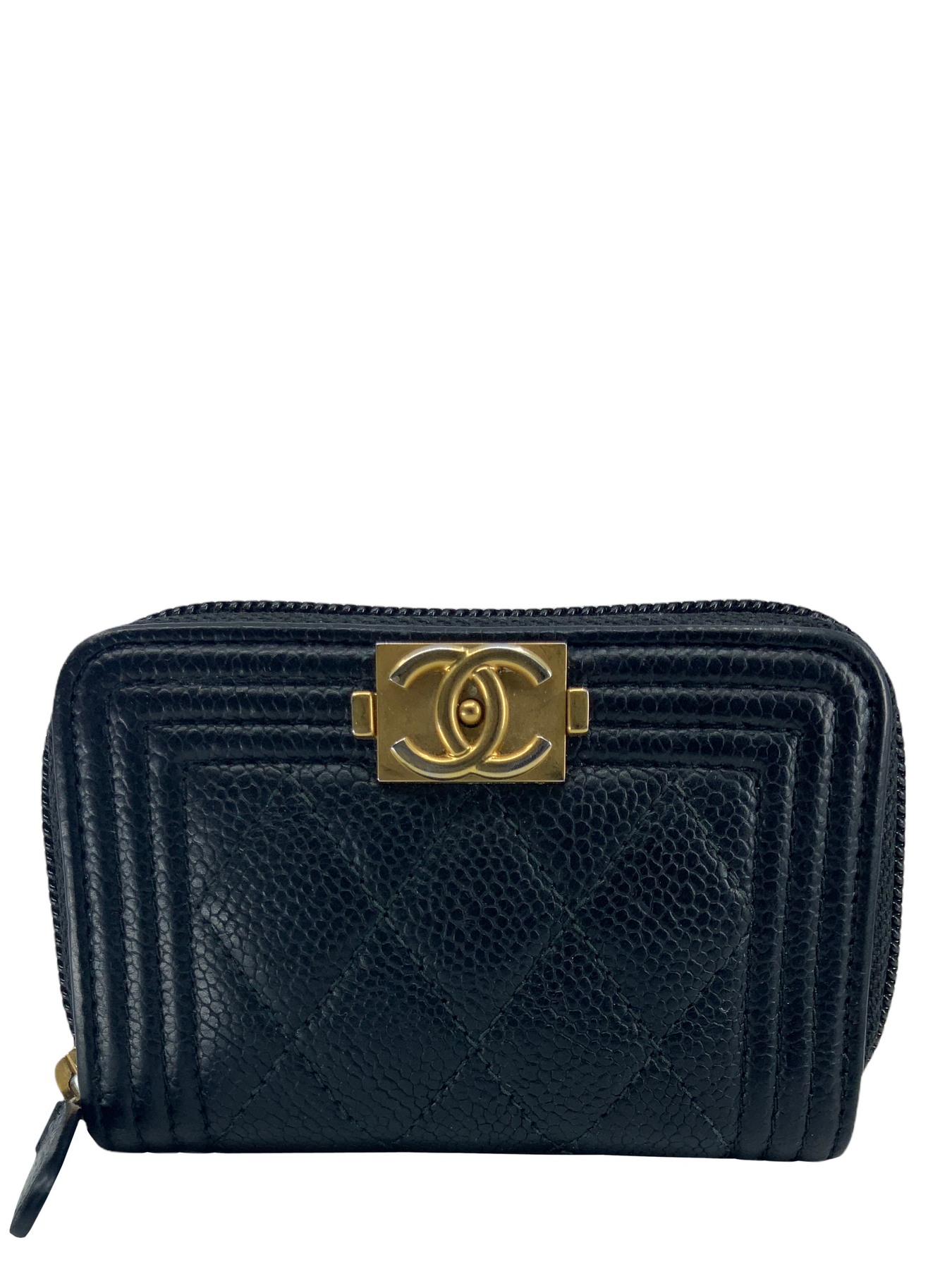 Chanel Boy Zip Around Coin Purse Wallet Quilted Caviar Gold-Tone Black