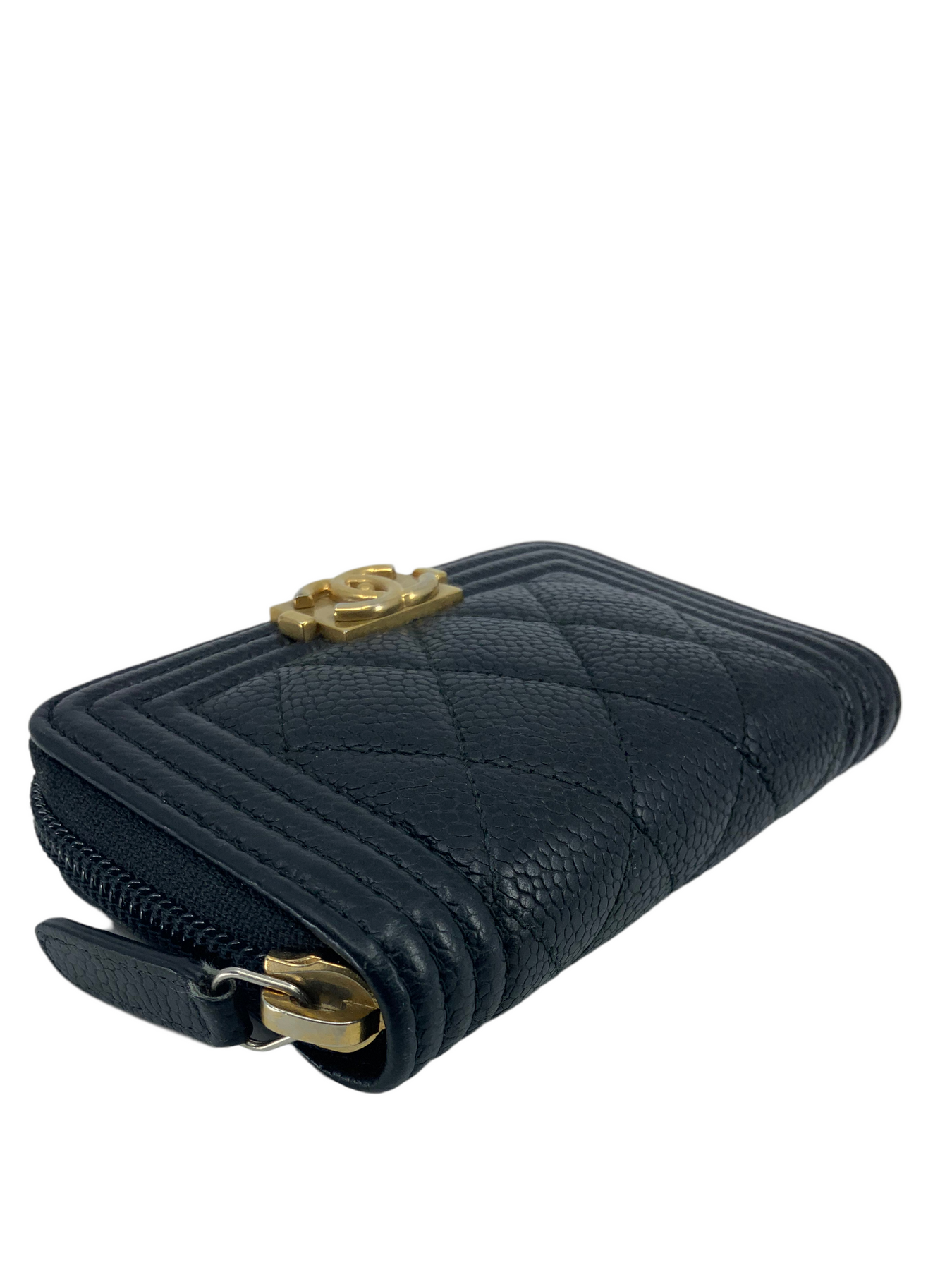 Chanel Boy Zip Around Coin Purse Wallet Quilted Caviar Gold-Tone