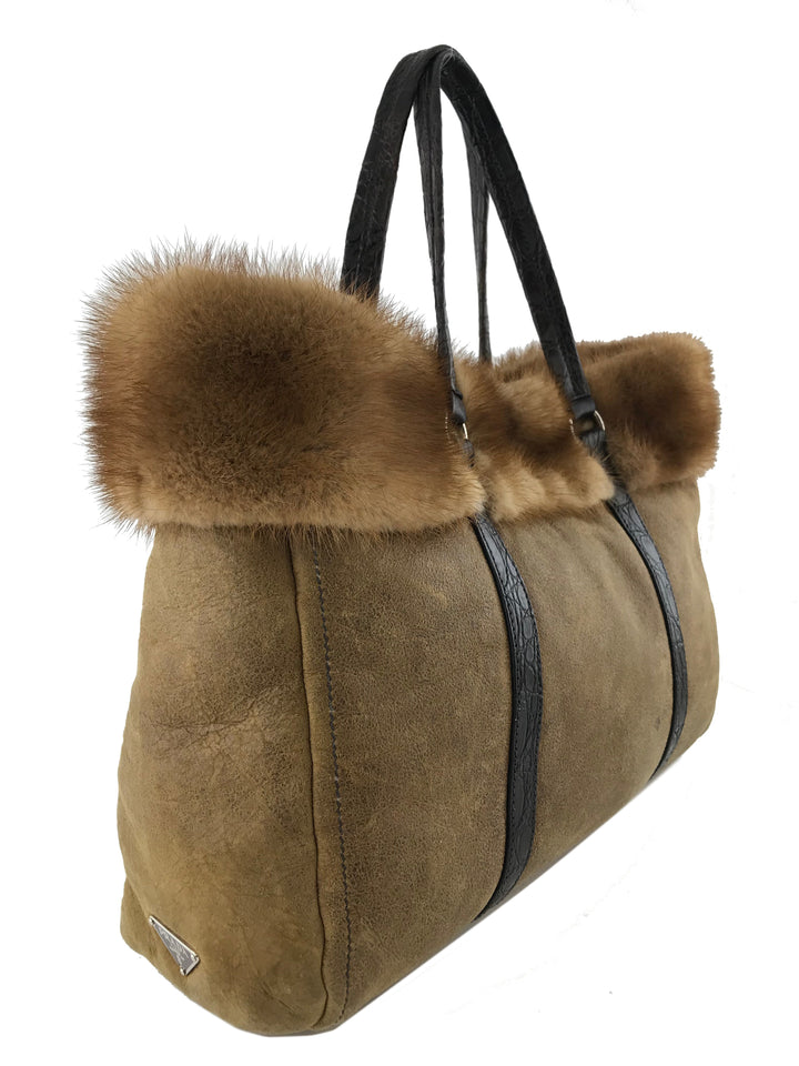 【PRADA】SHEARLING TOTE BAG Prada-Distressed-Leather-Mink-