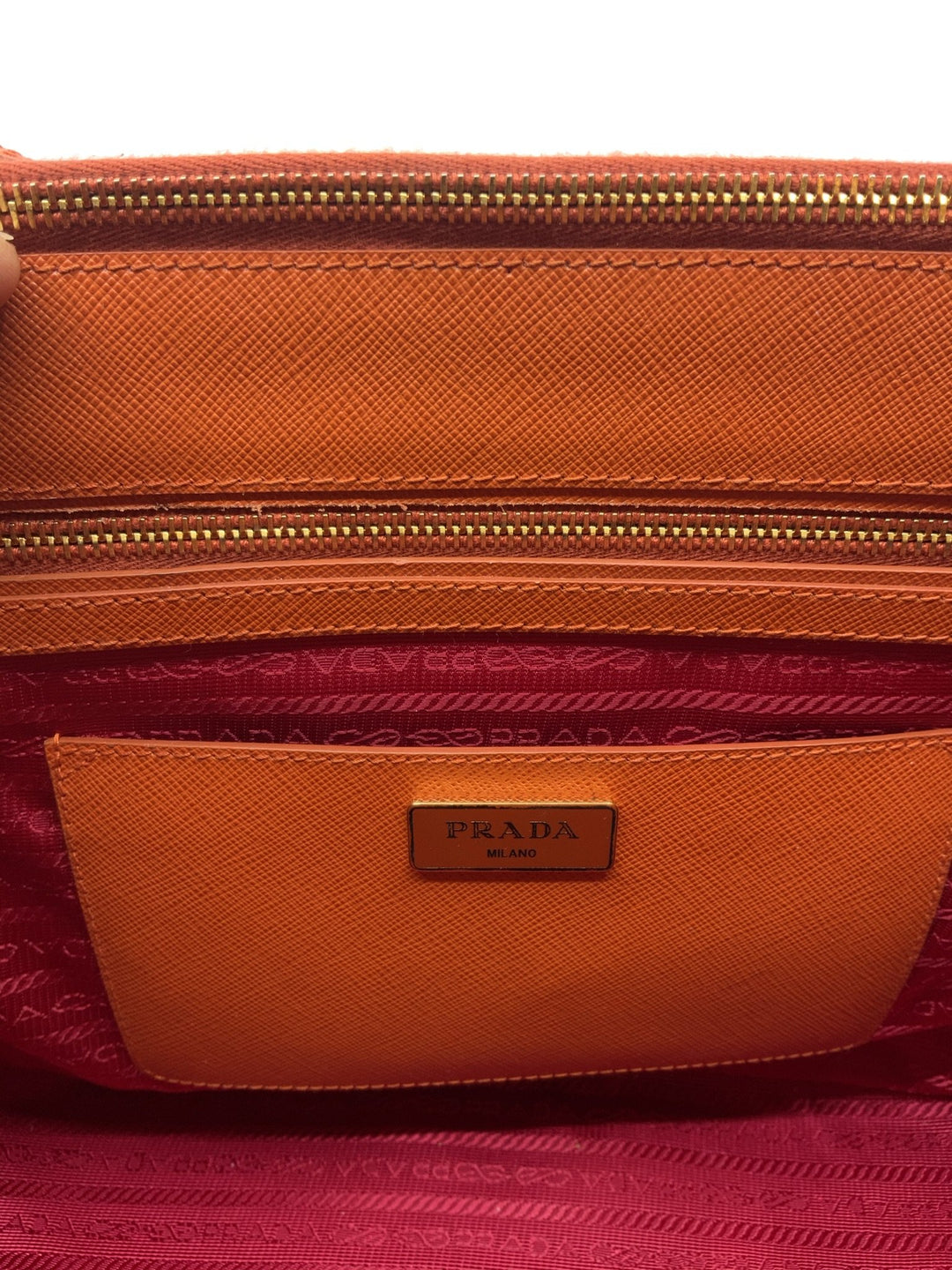 Prada Arancio Saffiano Vernice Leather Medium Double Zip