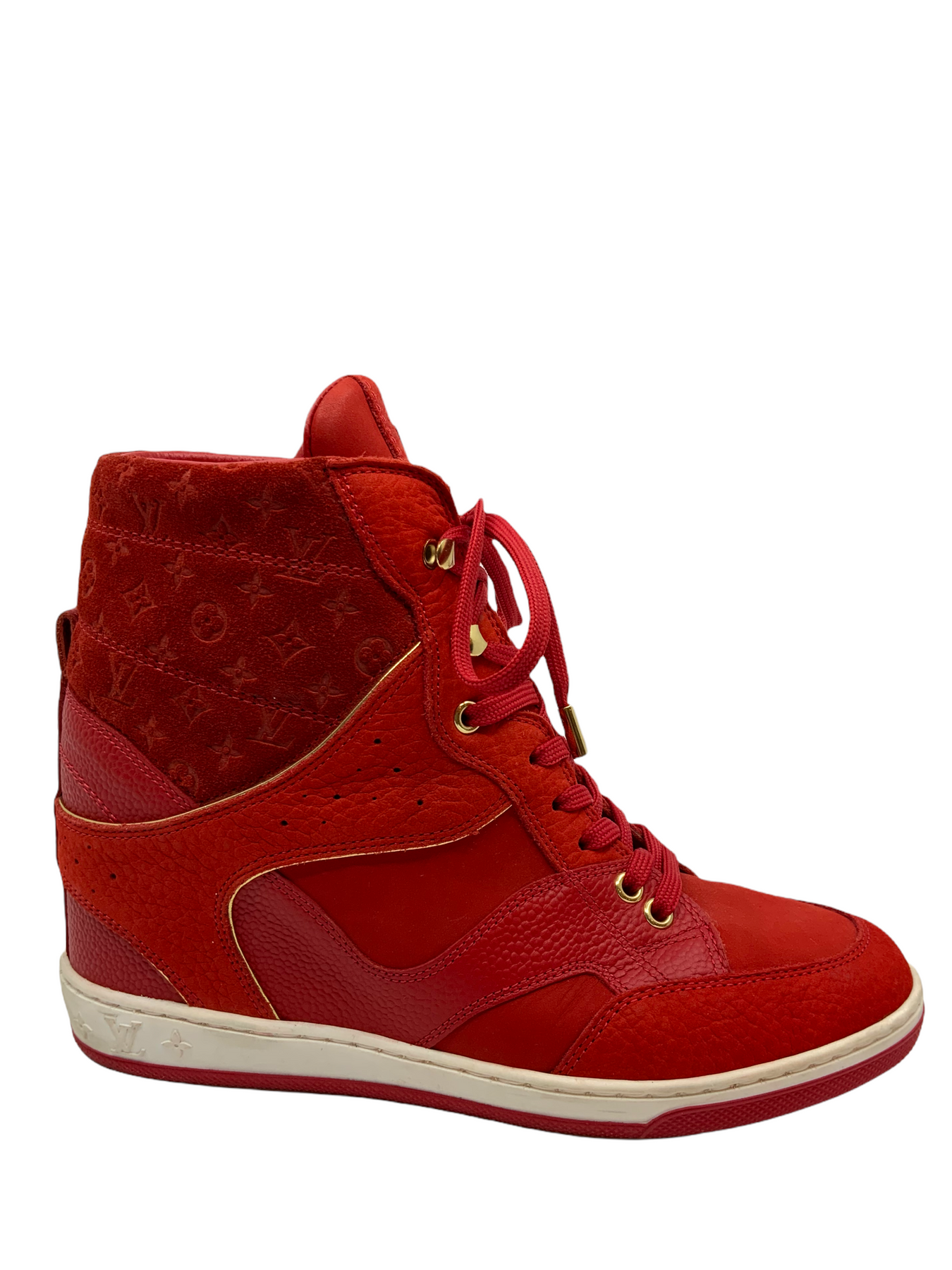 Louis Vuitton Red Leather And Embossed Monogram Suede Millenium Wedge  Sneakers S