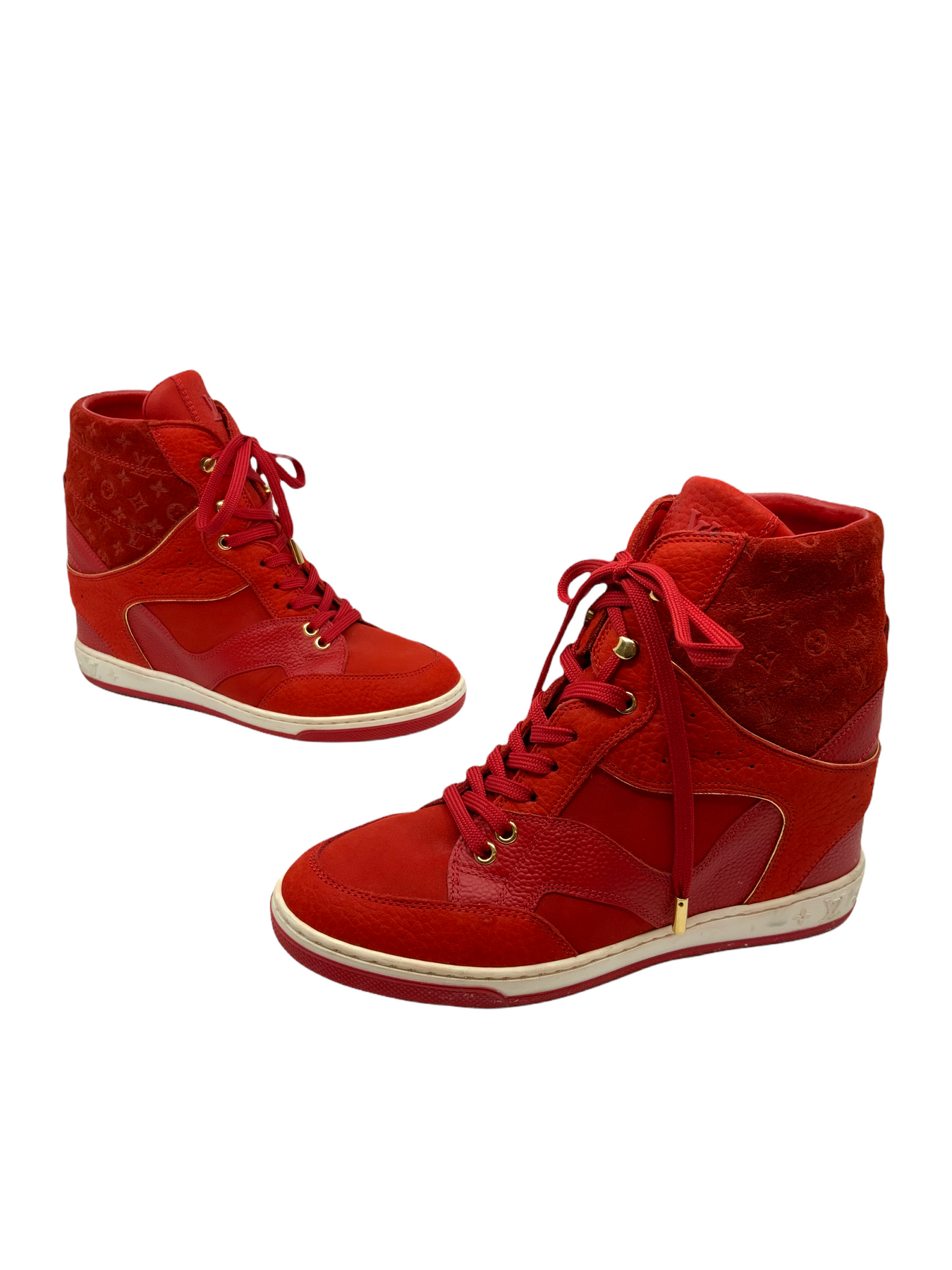 Louis Vuitton Red Leather And Embossed Monogram Suede Millenium Wedge  Sneakers S For Sale at 1stDibs